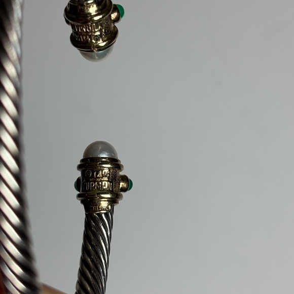 David Yurman Cable Cuff Bracelet Sterling Silver 14K Gold w/ Pearls/Emeralds 5mm - Picture 15 of 16